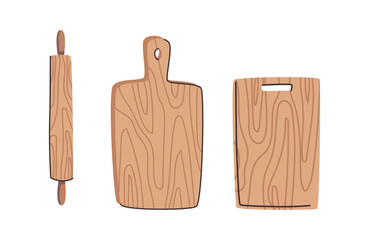 Wood kitchen cutting boards and rolling pin, kitchenware made from eco friendly materials. Vector isolated wooden utensils and bamboo cutlery for cooking. Old traditional tableware from timber