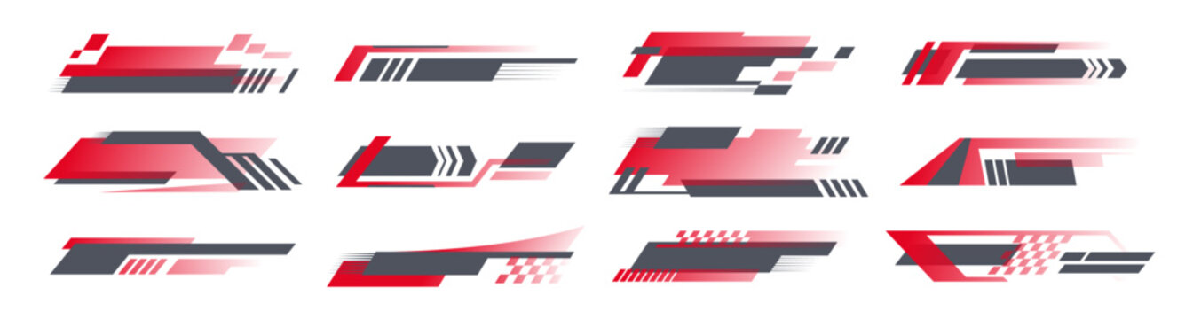 Fototapeta Racing cars decals decoration, isolated set of empty stipes or stickers with flag. Vector in flat style, sports vehicle design logotype with checkered print and copy space for slogan, badges