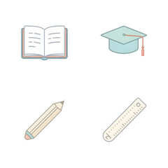 Collection of educational icons including an open book, graduation cap, pencil, and ruler, symbolizing learning and academic achievement