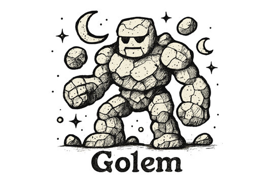 Golem with Moons. Hand-drawn golem with moons, rocks, and sparkles, center word &ldquo;Golem&rdquo; in black and white isolated transparent