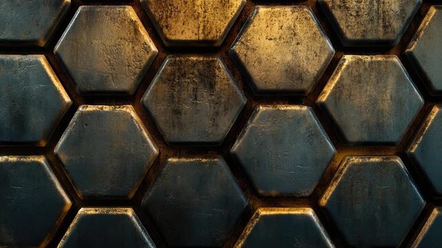 A close-up shot of a metal surface featuring hexagonal patterns