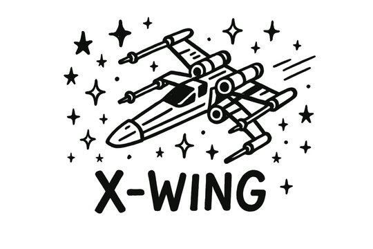 X-Wing Doodle Art. Doodle x-wing starfighter with stars, sparkles, and trails, center word &ldquo;XWing&rdquo; in black and white isolated