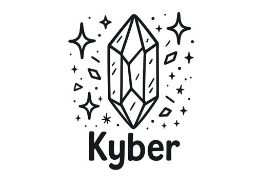 Kyber Crystal Doodle. Doodle kyber crystal with stars, shards, and sparkles, center word &ldquo;Kyber&rdquo; in black and white isolated