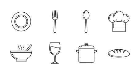 Black outline icons of kitchen and dining utensils including a plate, fork, spoon, chef's hat, bowl, wine glass, pot, and bread.