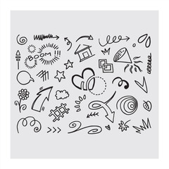 Abstract arrows, ribbons, crowns, hearts, explosions and other elements in hand drawn style for concept design. Doodle illustration