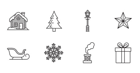 Fototapeta premium Eight black outline icons depicting a winter theme, including a cabin, tree, street lamp, star, sleigh, snowflake, chimney, and gift box.