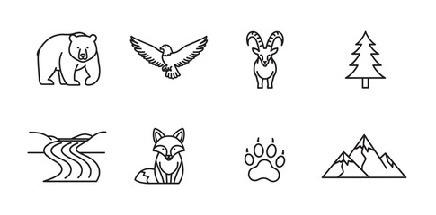 Black outline vector icons of various wildlife and nature elements including a bear, eagle, ram, tree, river, fox, paw print, and mountains.