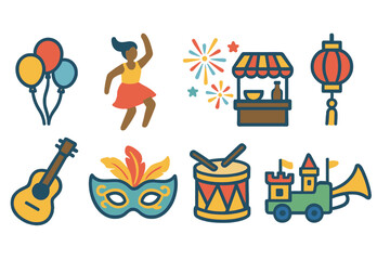 Fototapeta premium Festival celebration flat icon set. Carnival, music, and street party icons collection.