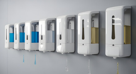Neat Row of Soap Dispensers with Various Levels of Liquid Soap & Color, Wall Mounted