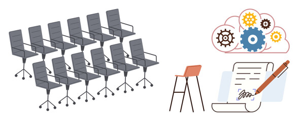 Row of office chairs, a high table with a stool, a signed document, and cloud gears symbolizing teamwork, productivity, decision-making, contract signing, innovation strategy and planning. Perfect