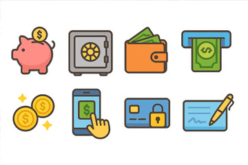 Finance and banking icon set. Flat money, payment, security icons collection