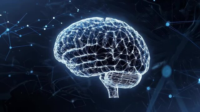 Glowing, wireframe depiction of a human brain floats in dark space with connecting nodes