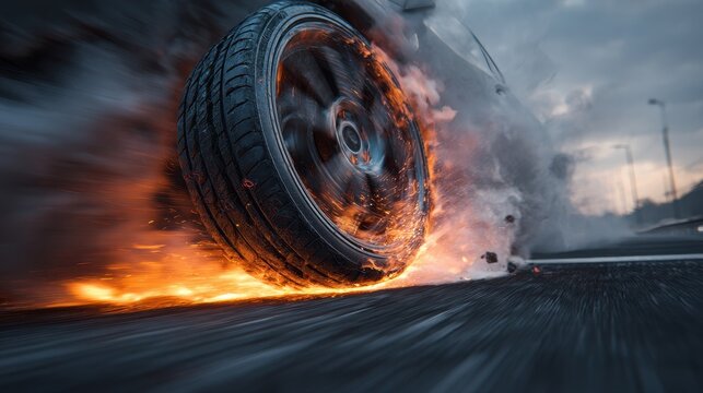 Tire Blowout. Car Damaged with Flat Tire after High-Speed Blowout Accident on Highway