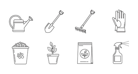 Obraz premium Black outline icons representing various gardening tools and supplies, including a watering can, shovel, rake, gloves, soil, potted plant, fertilizer, and spray bottle.