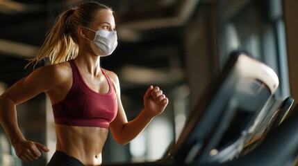 Treadmill Mask. Female Athlete doing Endurance Exercise in Gym