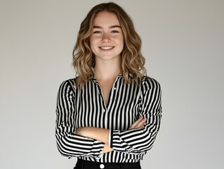 Photo of a young woman in a striped shirt smiling confidently with crossed arms