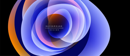 Abstract layers create vibrant circular design. Blue, orange, pink hues blend seamlessly. Modern aesthetic, perfect backdrop.