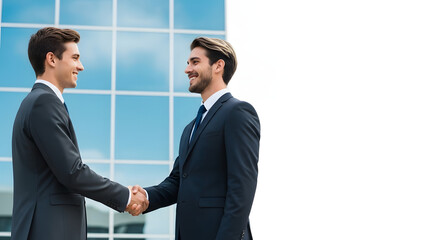 Two smiling businessmen in formal suits shaking hands in front of a modern office building, symbolizing a successful partnership