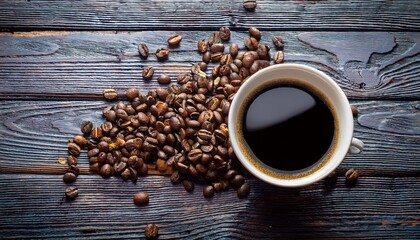 Czarna Kawa Na Starych Deskach I Rozsypane Ziarna