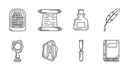 Black outline icons of ancient communication and writing tools including a tablet, scroll, ink bottle, quill, wax seal, and book.