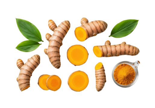 Vibrant whole and sliced turmeric roots, fresh green leaves, and ground powder in a glass ramekin, isolated on a seamless transparent background, highlighting natural product forms
