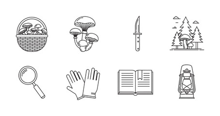 Fototapeta premium Simple black outline icons of essential foraging tools and symbols, including a basket, mushrooms, knife, trees, magnifying glass, gloves, book, and lantern.