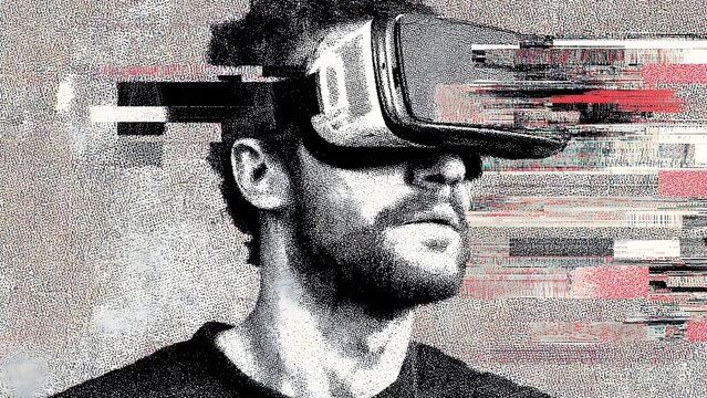A man wearing a virtual reality headset against a glitchy, distorted digital background. Concept VR headset portrait, Glitchy digital background, Digital distortion, Futuristic tech portrait