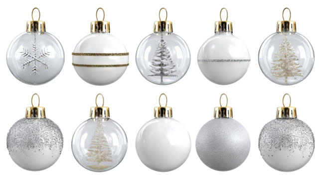 Blank Christmas tree ornaments set isolated on transparent background high resolution PNG style baubles for mockups DIY personalization and holiday design