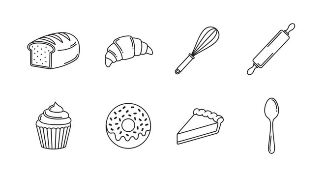 Black outline icons of various bakery and cooking items including bread, croissant, whisk, rolling pin, cupcake, donut, pie, and spoon.