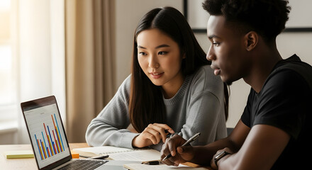 Analyzing Data Diverse Colleagues Collaborating on Laptop, Discussing Charts and Graphs, Financial Review