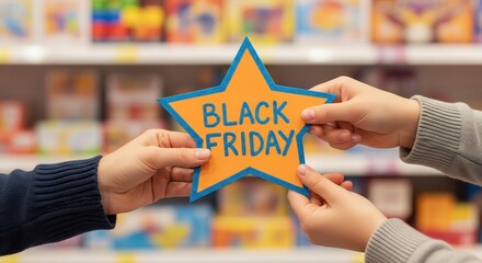 Black Friday sale promotion in store. Shoppers holding star sign. Retail marketing, advertising, Thanksgiving holiday, consumerism, special offers, shopping event.