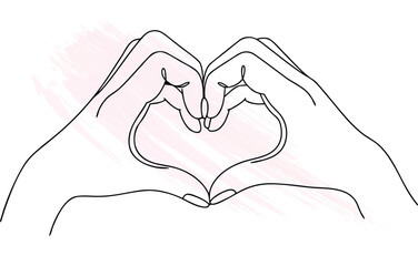Single line continuous line heart shape formed by two hands with  watercolor brush strokes