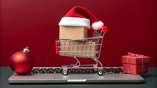 Online Christmas shopping concept with gift box and Santa hat on laptop keyboard  
