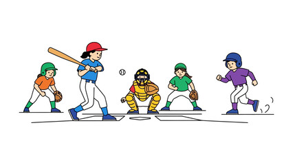 Baseball Game in Action: A group of young athletes is engrossed in a dynamic baseball match, showcasing the thrill of the sport with a batter at bat and a catcher poised.