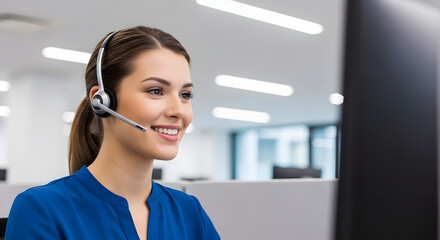 Smiling Customer Service Representative with Headset in Office Environment