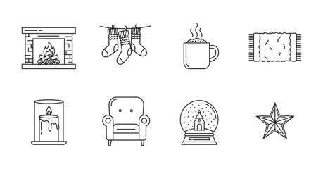 Naklejka premium Black outline icons depicting cozy winter elements including a fireplace, hanging socks, a steaming mug, a woven mat, a lit candle, an armchair, a snow globe, and a star decoration.