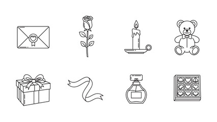 Fototapeta premium Black outline vector icons depicting romantic elements, including a rose, candle, teddy bear, letter, gift, ribbon, perfume bottle, and box of chocolates.