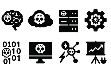 Cybersecurity threat silhouette icon set. Network security and hacking symbols.