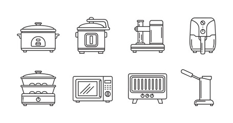 Black outline icons of various kitchen appliances including a slow cooker, pressure cooker, espresso machine, air fryer, steamer, microwave, toaster oven, and immersion blender.