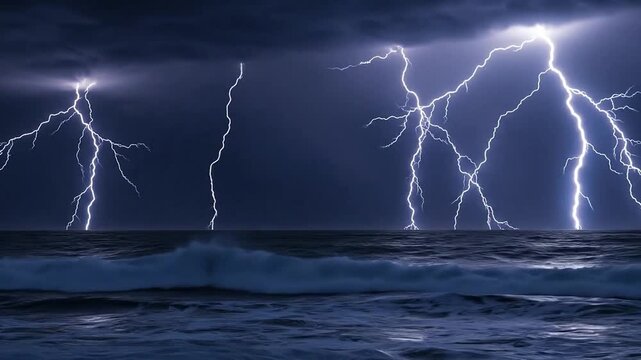 Stormy sea with lightning flashes, dramatic looping animation, power of nature
