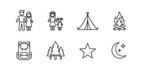 Fototapeta premium Black outline icons depicting a family, camping tent, campfire, backpack, trees, star, and crescent moon, illustrating camping and adventure themes.