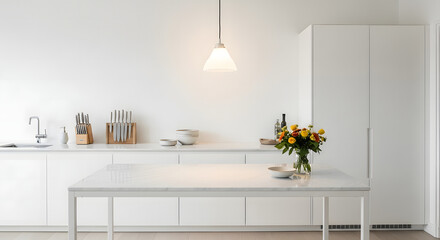 A pristine, bright, and minimalist modern kitchen showcases a clean white aesthetic and functional layout, creating a serene and inviting domestic space for contemporary living