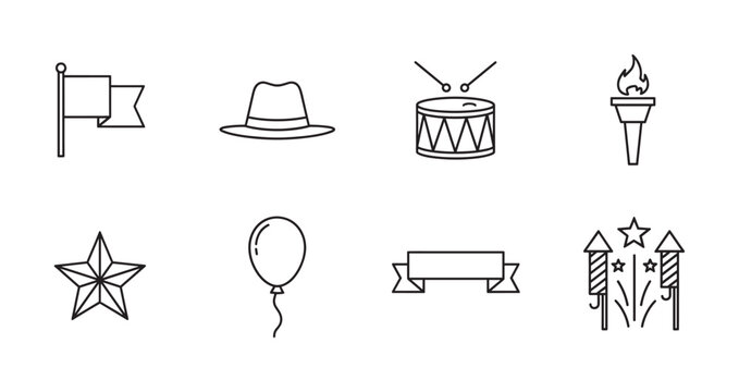 Collection of eight black outline icons representing a flag, hat, drum, torch, star, balloon, banner, and fireworks. each symbol conveys themes of celebration and festivity.