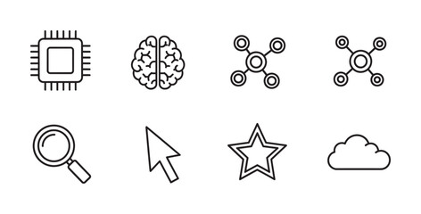Fototapeta premium Minimalistic black outline icons of a microchip, brain, network nodes, magnifying glass, cursor, star, and cloud for technology and digital themes.
