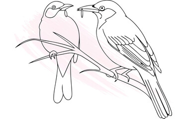 Two birds a branch one holding a twig in its beak Single line animal nature
