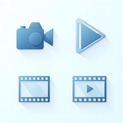 A set of four modern blue multimedia icons, featuring a video camera, a play button, and film strips for digital media and entertainment concepts