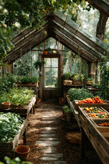Greenhouse filled with fresh vegetables including tomatoes cabbage and greens