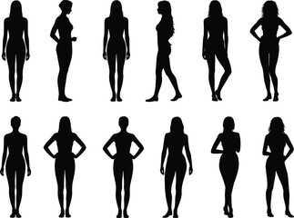 Silhouette of diverse women body shapes, standing poses collection, black female figures for fashion, art, design, anatomy, and illustration reference