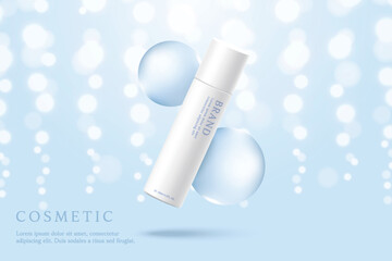 Cosmetic product ads template on blue background with water drop and light.