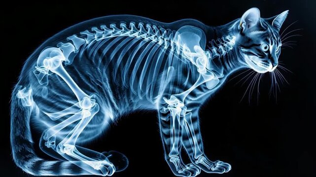 X-ray Image of Cat Skeleton Showing Detailed Bone Structure and Anatomy in Blue Color